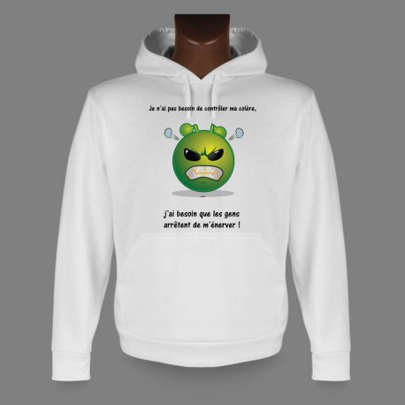 Sweatshirt blanc à capuche - Alien smiley - Contrôler ma colère - pour dame ou homme