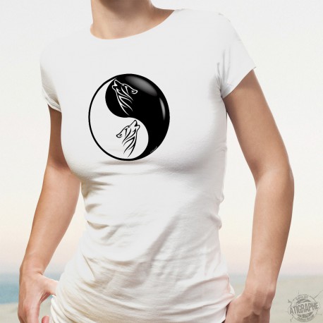 Lupo tribale ☯ Yin-Yang ☯ Maglietta da donna che fonde la potenza del lupo tribale con il significato profondo di Yin e Yang 